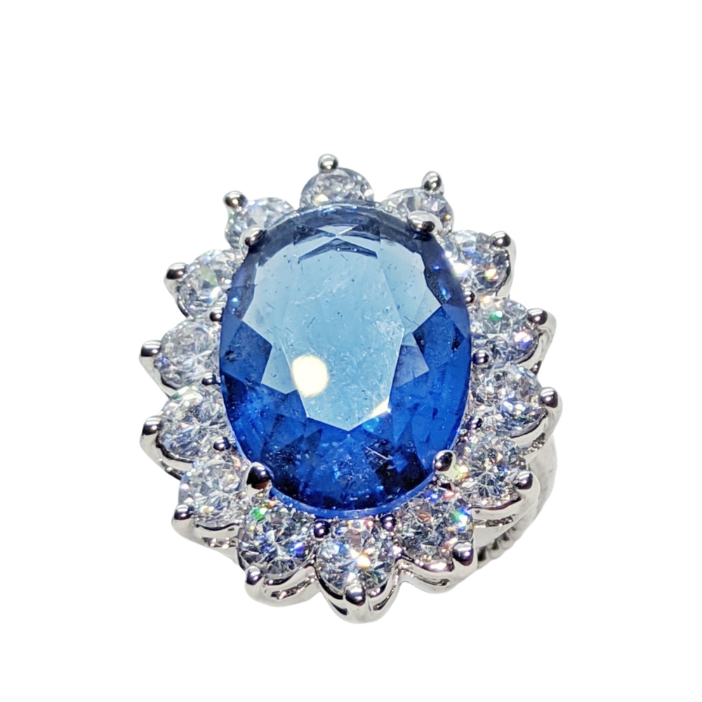 .Statement Silver Ring With Large Blue Cz Stone - image 5